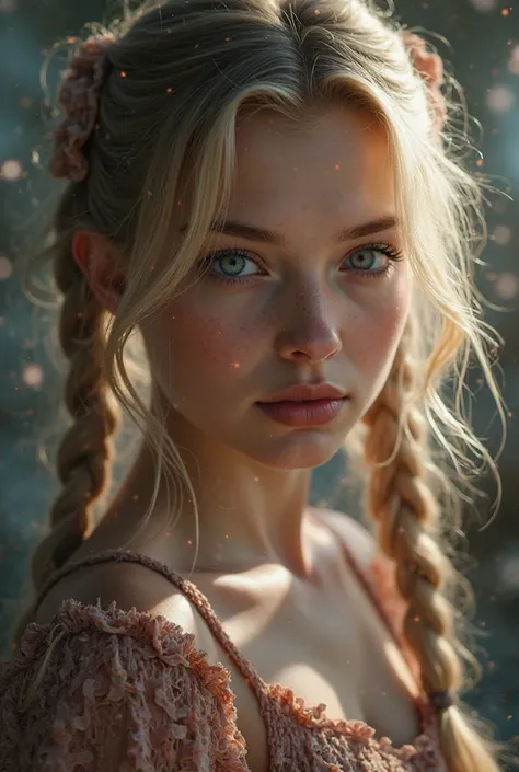 1 girl, sexy 18 year old girl, pigtails, beautiful face, gorgeous, beautiful, beautiful, beautiful face, pale skin, parts, blonde hair, blue eyes, high quality, masterpiece, photorealistic, detailed portrait, dramatic lighting, detailed facial features, ex...