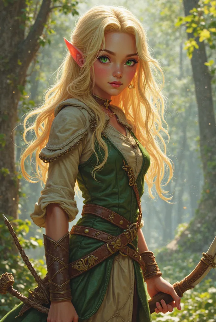 Generate a full-length 18-year-old elf adventure seeker with blond hair and green eyes for a game of dnd