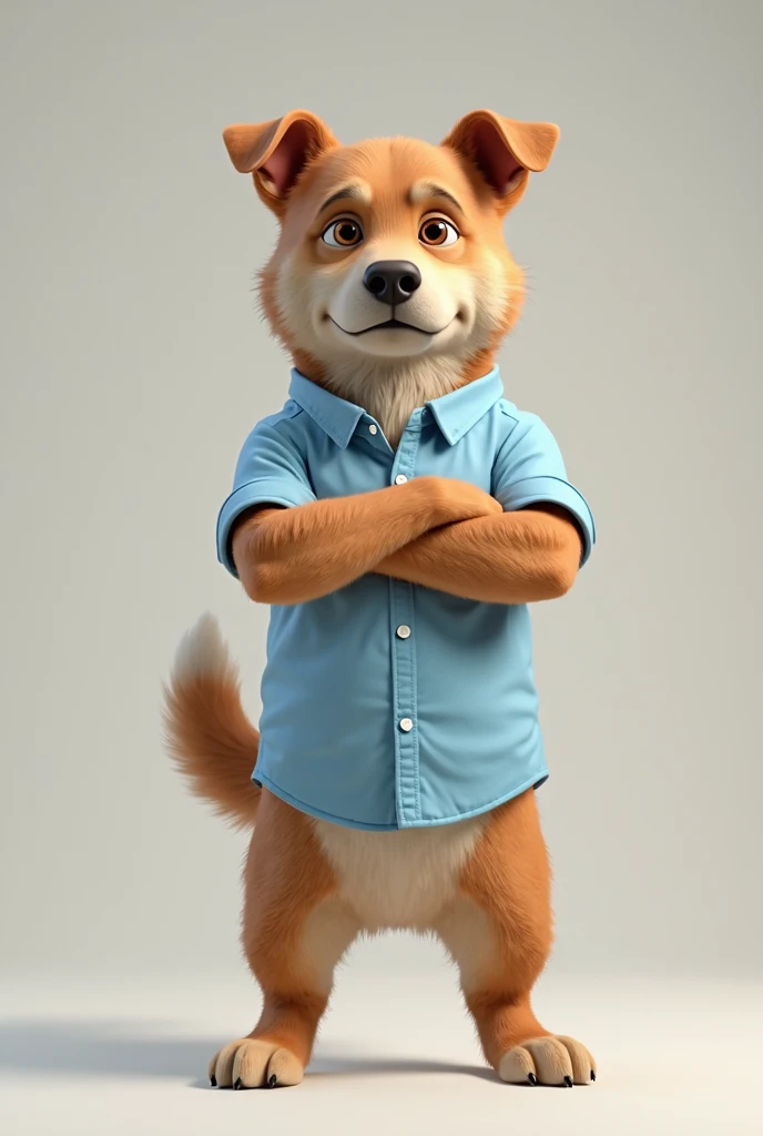 A dog with arms crossed,  a bit sideways, With realistic blue shirt 