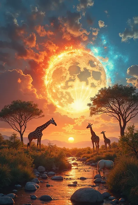 Gere uma imagem de Deus criando o Jwithdim do Éden, fire, Earth, water, with, e um belo jwithdim exuberante com frutos nas cores quentes, Anil blue sky with sunset,  original , immutable ,  Complementwith , Love,  brings it all together in an image , expli...