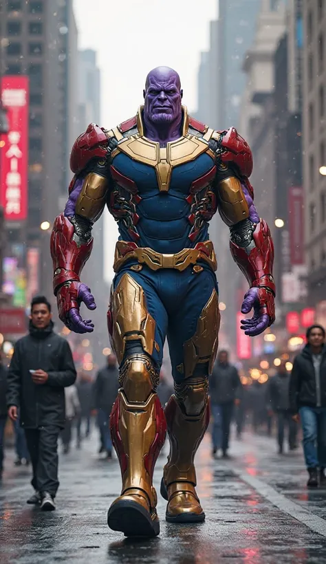 Thanos and ironman merge and combine walking in realistic images in the new York city 