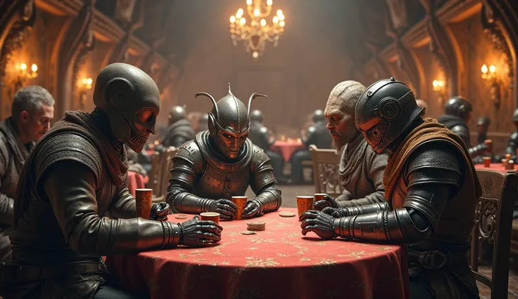 "inside a medieval inn, in the central focus is one table where a troubadour, a humanoid robot, knight and an alien are sitting, playing poker. around them, room is filled with humans, robots and aliens are having fun. Cheerful, hyperrealistic hyperdetaile...