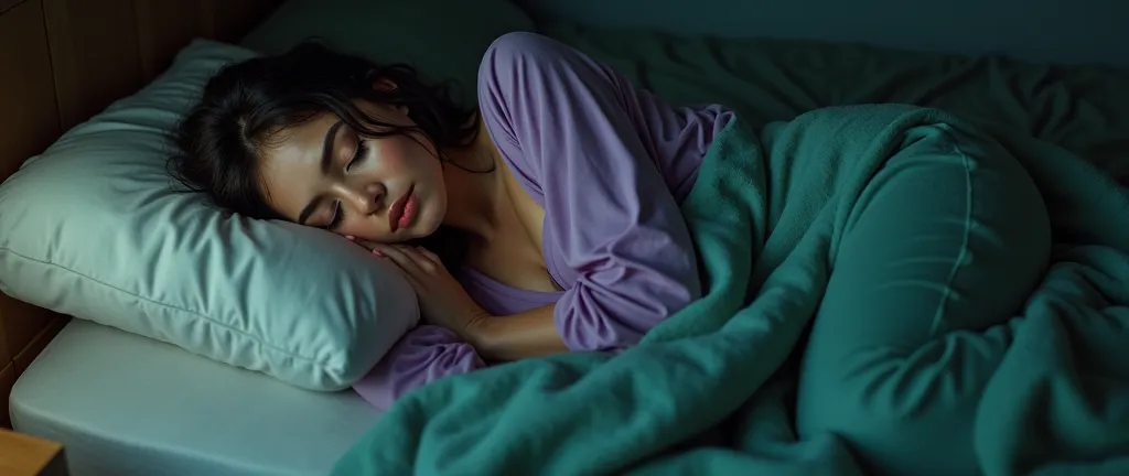 beautiful beautiful woman 80kg sleeping wearing a purple shirt and Gren pajama pants sleeping in bed at dark night, Wearing a blanket with feet wearing shoes & wearing a blanket, 4k hd, reel