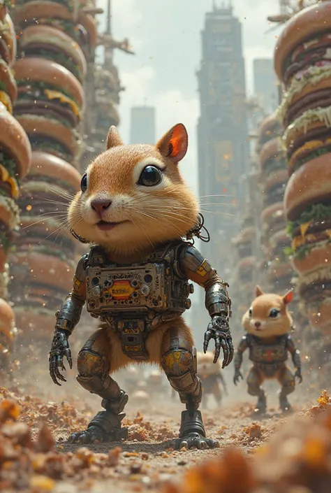 Create an army of hybrid of an chipmunk and a tank that is rushing on the city which is made out of burger 