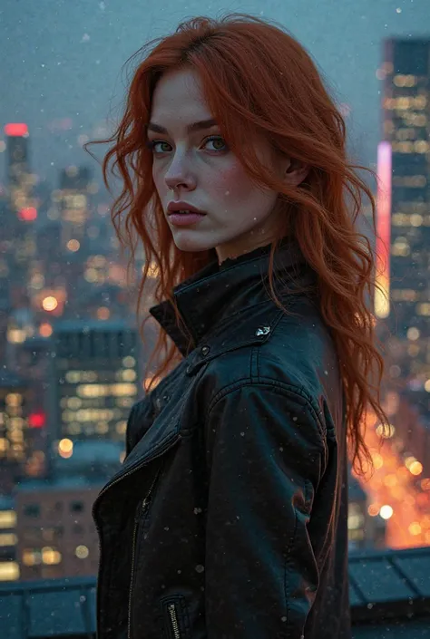 Beautiful redhead girl in a leather jacket on the roof of a house overlooking the city at night