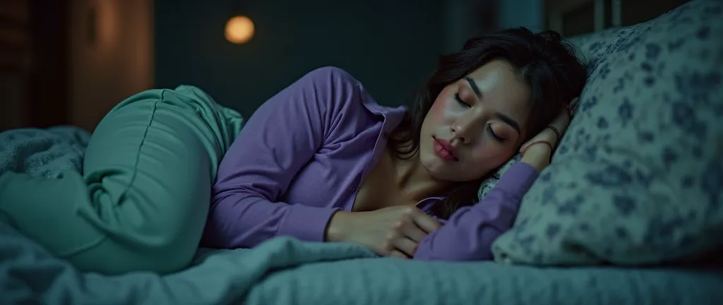 beautiful beautiful woman 80kg sleeping wearing a purple shirt and Gren pajama pants sleeping in bed at dark night, Wearing a blanket with feet wearing shoes & wearing a blanket, 4k hd, reel