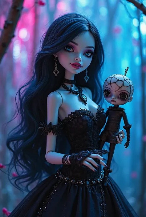 Une jolie fille gothique genre Monster High cousu avec une aiguille dans la main à côté de elle une poupée vaudou le tout le tout multicolore et que une lumière bleue et violette