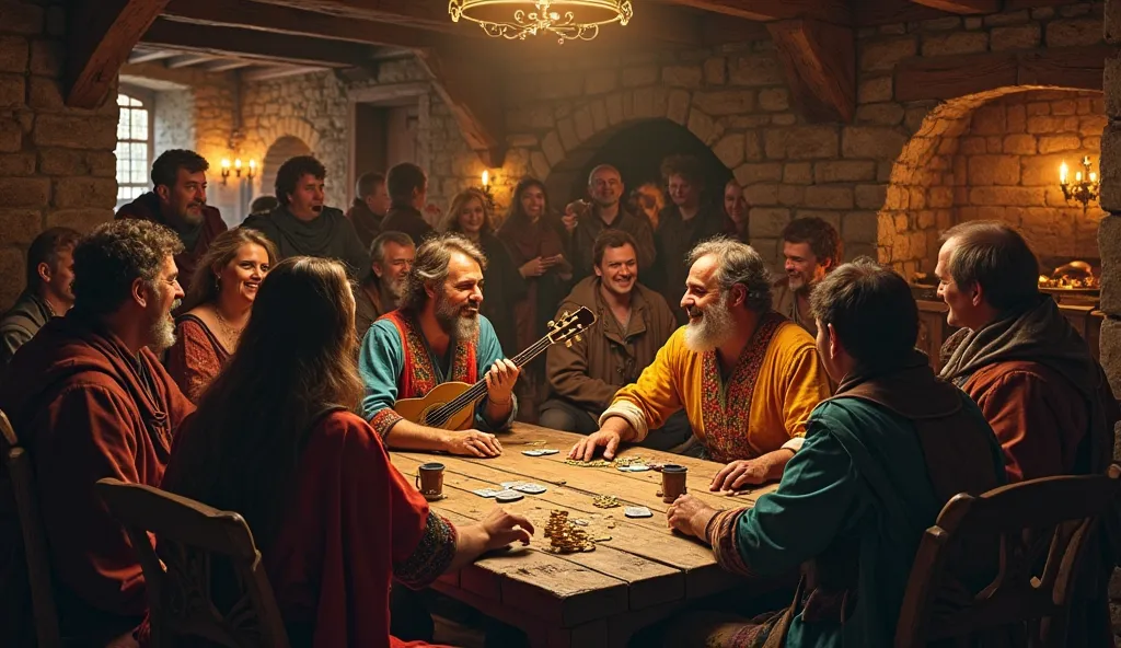 Inside a rustic, dimly lit medieval inn, with wooden beams and stone walls, a warm fire crackling in the hearth, the central focus is on a worn, wooden table where a charismatic troubadour, dressed in a vibrant, multicolored tunic and holding a lute, sits ...