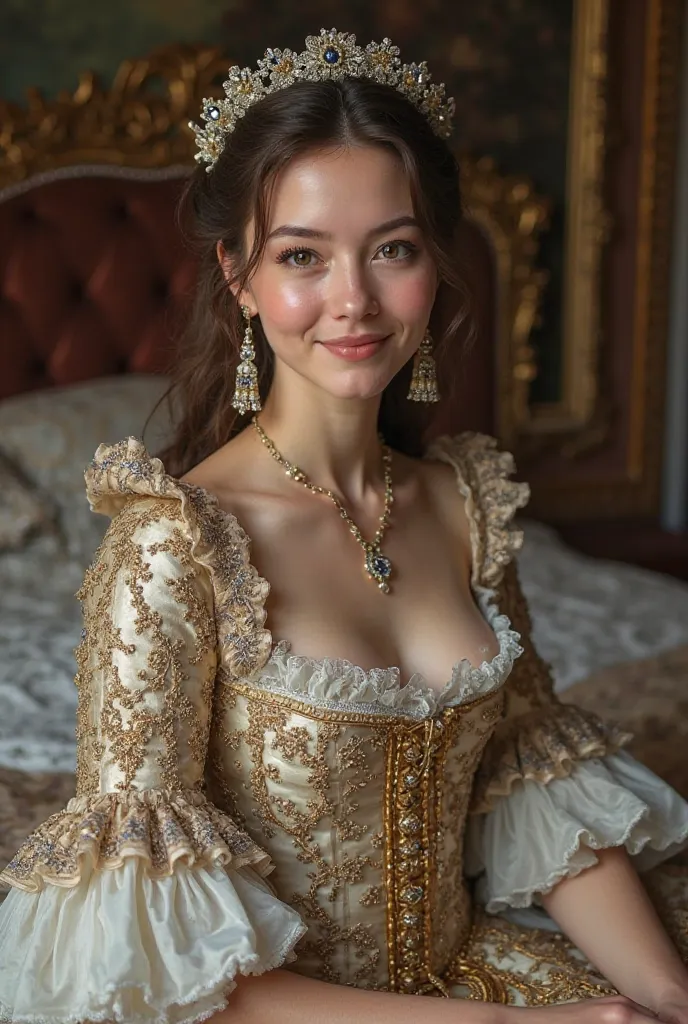 Medieval European royalty and aristocracy, fashion trend for women, 18 years, with medium necklines, lavishly decorated with lace and ribbons, Rococo dress. Bedium breast. She is in a bedroom,laying on the bed. Half-length portrait of a beautiful smiling a...