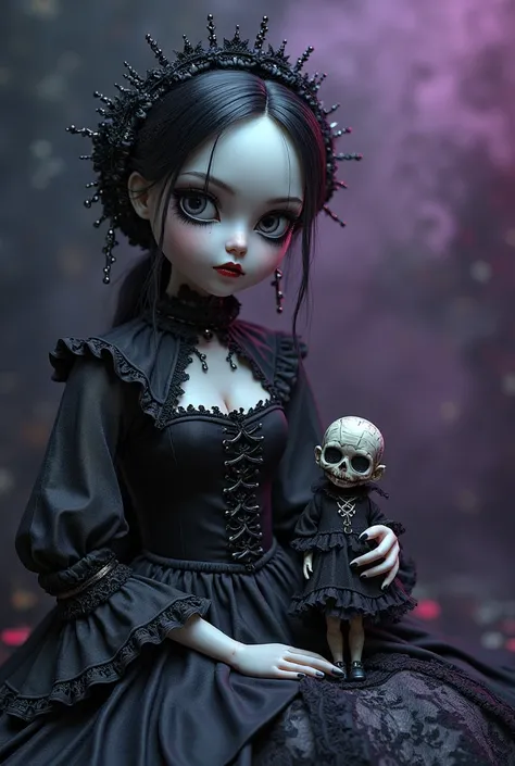 Une jolie fille poupée gothique genre Monster High elle est cousue assise tu n'en ai pas dans la main elle tient de la main une épingle à côté d'elle une petite poupée vaudou le tout dans des styles de couleur violet et bleu ambiance sombre avec fumée