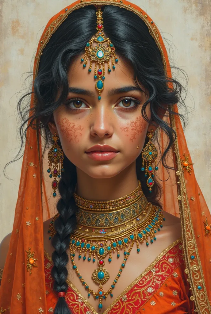 A picture of an Indian girl with Islamic decorations, all painted