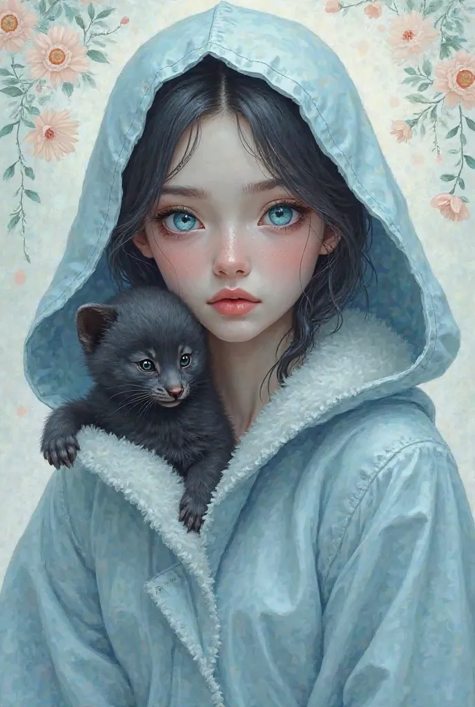 A young woman with sky-blue eyes piercing gaze.light blue hooded soft coat on her . On her shoulder lies a black cub .pastel floral pattern background 