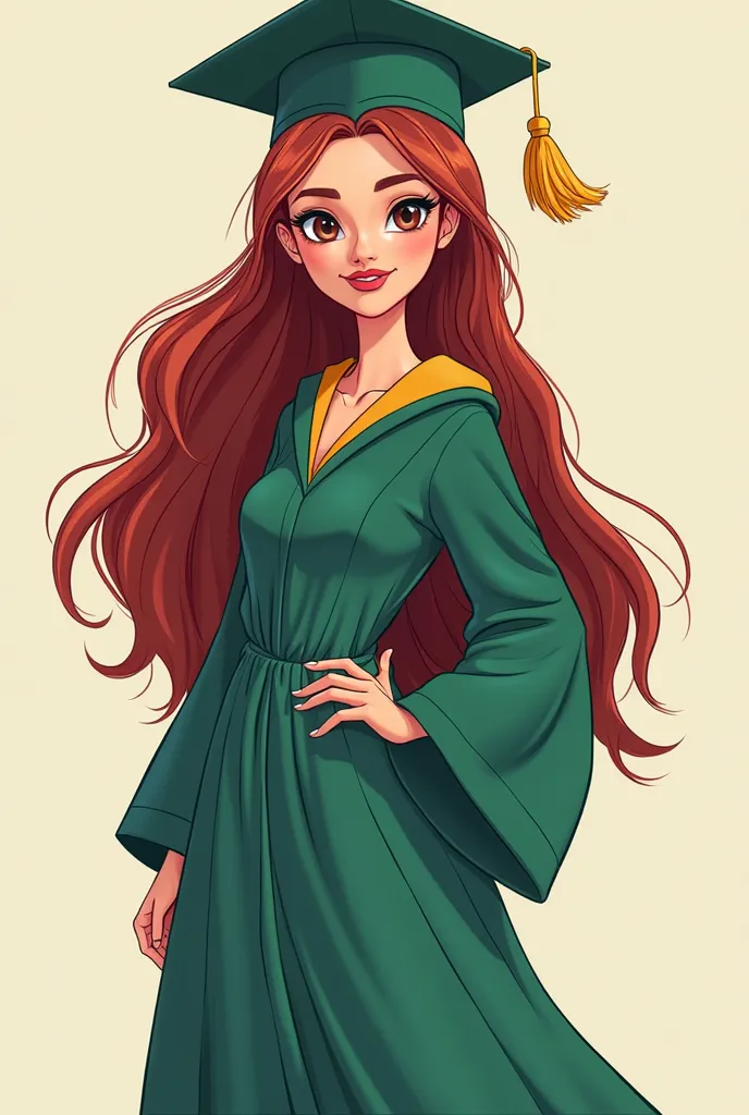 Dark red-haired woman , long and straight, with graduation outfit with green belt and graduation hat, In cartoon doll style