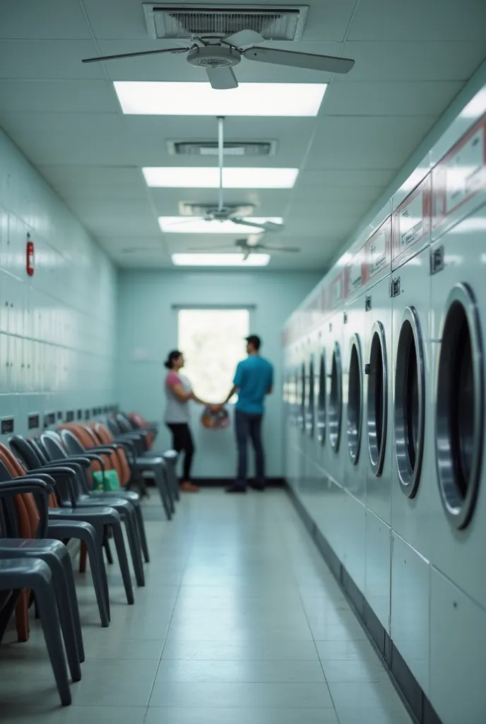 Interior of a laundry room , captured in very realistic colors. The centralized and depth of field create a visual effect that takes the eye to the background of the image, where a 2 beauty salon attendant is handling towels. ### **Detail of Scene**: 1. **...