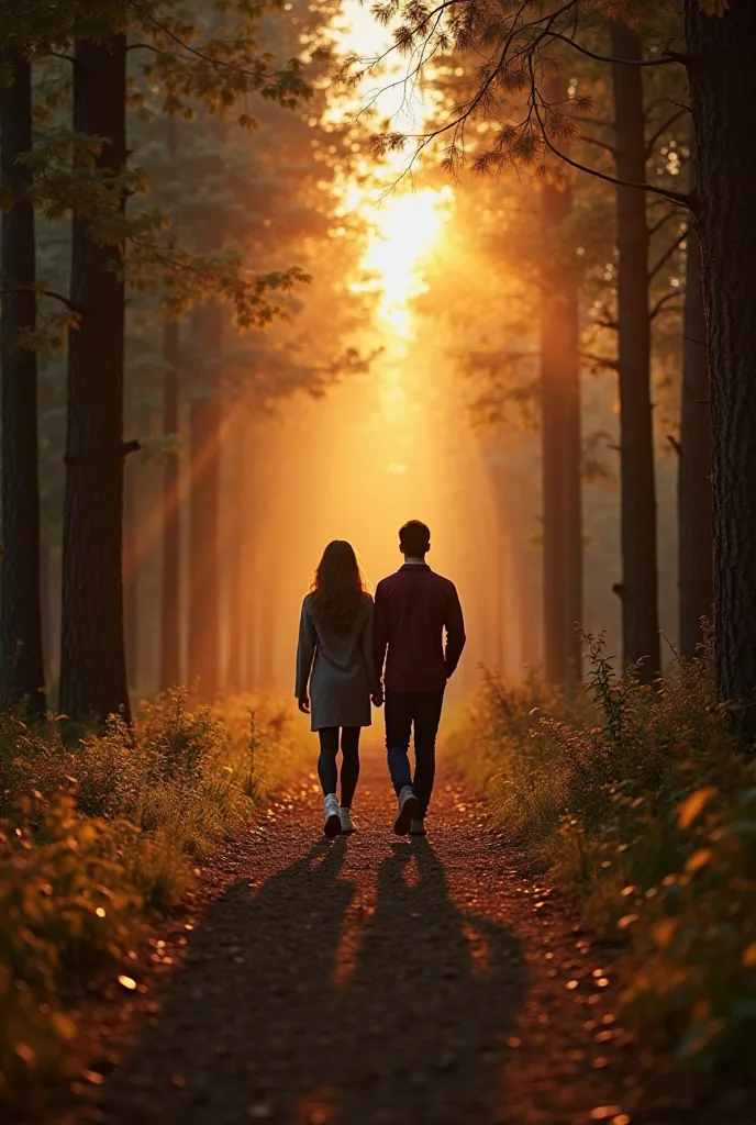 A couple walking together on a path in a forest, with tall trees around them. The scene is illuminated by the soft light of the sunset, creating a warm and welcoming atmosphere that symbolizes trust and connection