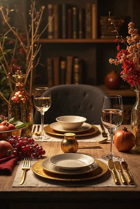 Mise en place, two position, golden, refined , elegant, cutlery, golden side dish, placemat, Tumbler,  fruit , uva, Fico, Pomegranate ,  flowers , books, Dark light