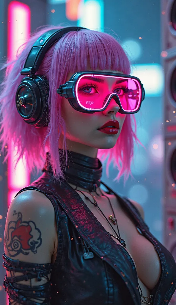 create a realistic image of a very futuristic cyborg woman, with very large pink glasses, pink, purple and blue hair, she has full lips with red lipstick and a fierce sexy expression. it is a futuristic favela with lots of neon lights and a wall of speaker...