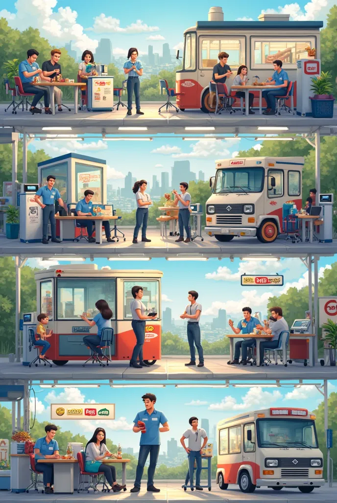 Generate an image that reflects four key moments for good service and customer service within a Mobil service station, Be realistic with real people