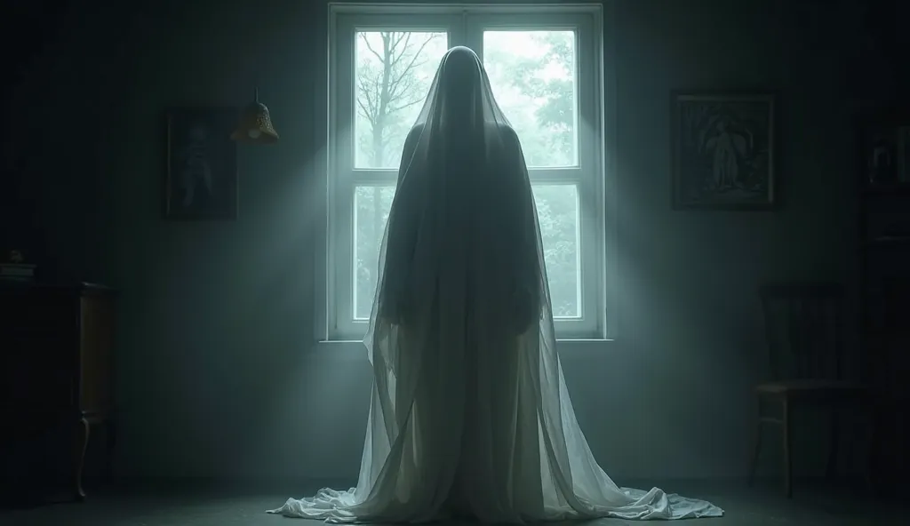 (photorealism:1.2), "A ghostly figure draped in a white sheet standing in front of a window at night. The room is dimly lit, with shadows creating an eerie atmosphere. Outside the window, you can faintly see dark trees or foliage, adding to the haunting vi...