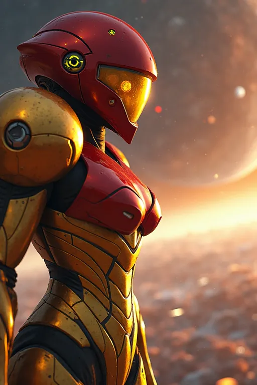 "A cinematic and realistic art featuring the character Samus Aran positioned on left side of the image. Samus is in his iconic Power Suit, with dramatic lighting highlighting the details of the gold and red metallic armor. The background presents an epic s...