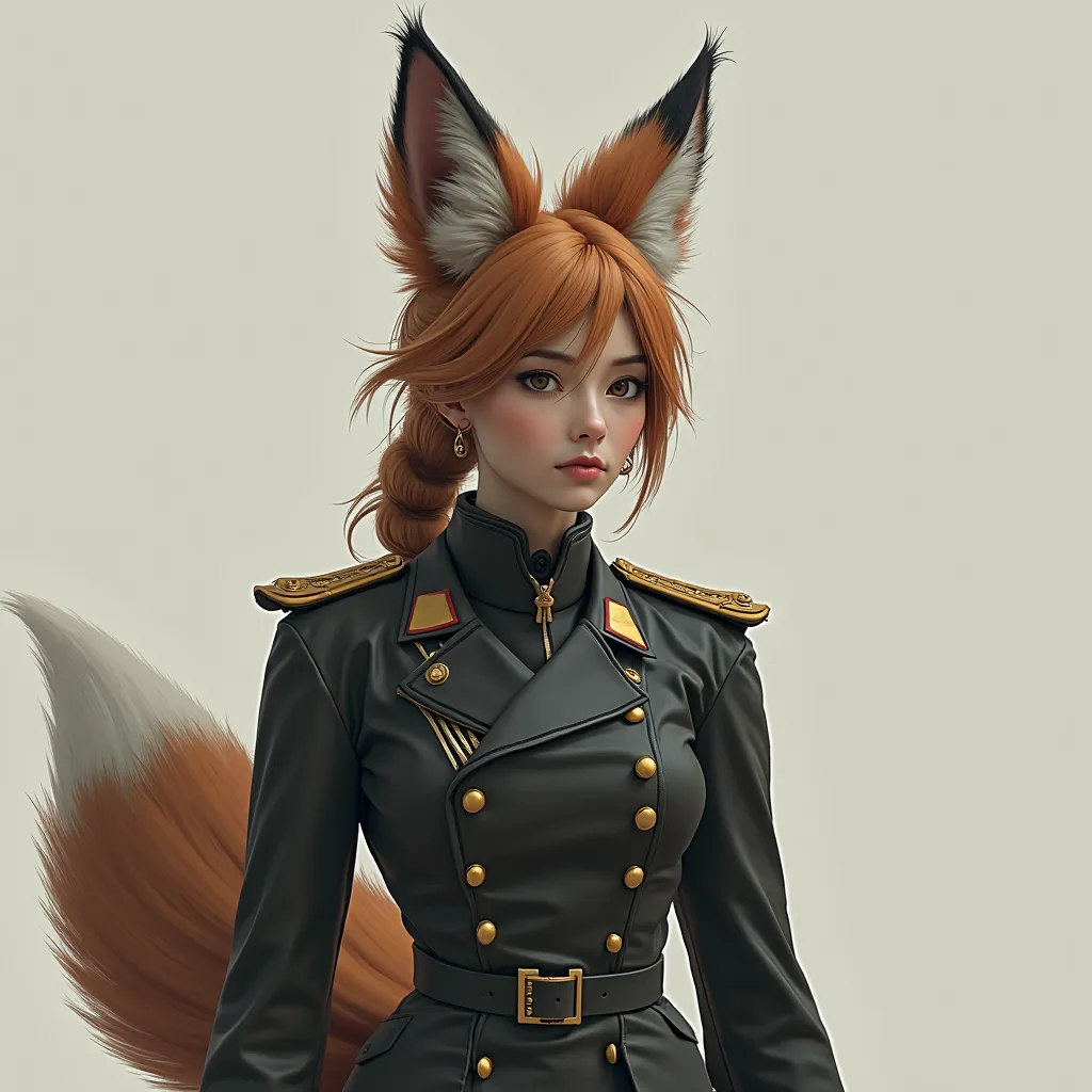 Girl, with military suit, with padded sleeves with small fox ears, and fox tail.