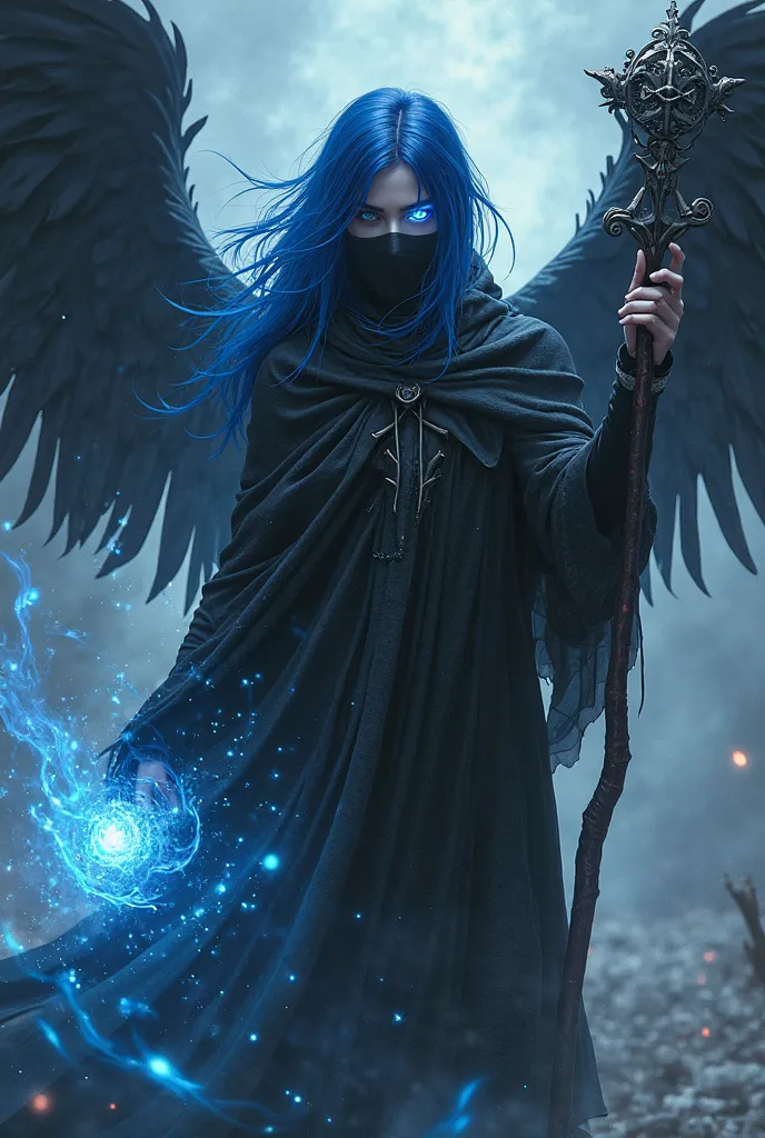 Mroczna postać kobiety w czarnym kapturze, right eye obscured by hair, left eye blue,  blue hair, mag, czarodziejka, wokół kobiety rozstacza się aura magiczna, magiczna laska,  black big wings