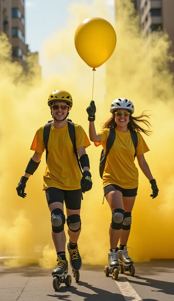 Grupo Mujeres y Hombres Massive 22 years old, on inline skates, wearing yellow t-shirts,  short black, hull, knee pads, Gloves, helium balloon in the hand, moving around the city in the afternoon, yellow smoke flare, yellow wheels