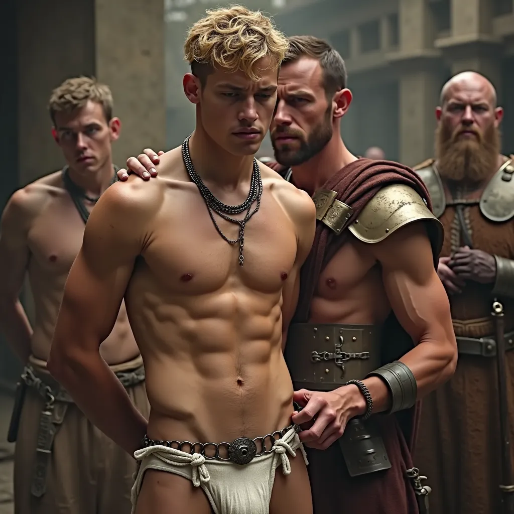 ancient slave market, 18-year-old male blond germanic twink, smooth athletic body, tiny white loincloth, defined abs and pecs, veiny arms, arms chained behind back, metal-slavecollar, desperate, disgusted; abs harshly touched by muscular 25-year-old high-r...