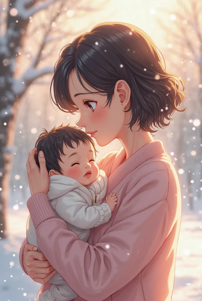 
An anime girl holds her baby in her arms while it snows
