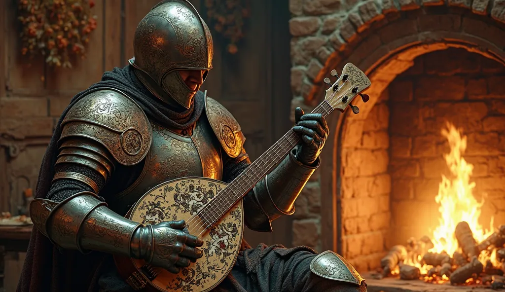 A majestic, weary armored knight, clad in ornate plate armor, with intricate engravings of mythical creatures, sits by a roaring fireplace in a dimly lit, rustic tavern, his helmet and gauntlets laid aside, as he masterfully plays a beautifully crafted, or...