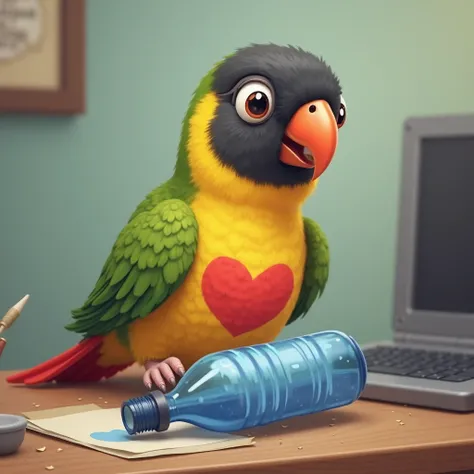 A yellow-sided cornea parrot with a red heart on its belly. The upper part of the head is black and the wings are green, And the tail is red, It's a scene where a parrot with pale pink toes drops a blue bottle of water on a desk with a computer and looks a...