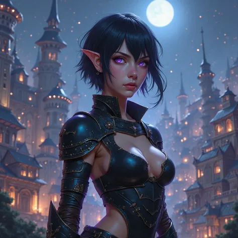 fantasy artwork, short black hair, chalk white skin, purple eyes, young half elf woman, leather armor with bare midriff, fantasy city background at night
