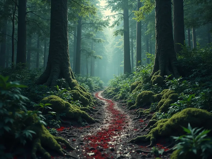 Create an enclosed forest and a trail of claw and blood on the ground leading to the closed forest and it's daytime the image must be realistic and cause fear