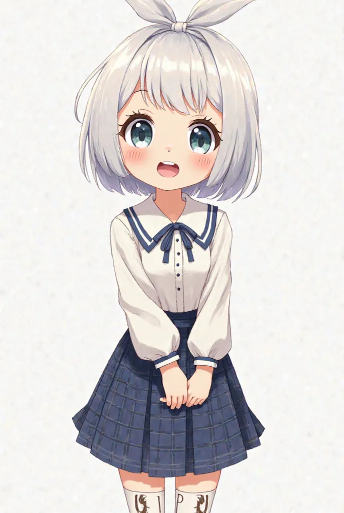 Animated girl with big eyes, bow in her white hair, Camibuso with white collar and blue edges on the sleeves, dark checkered blue skirt, short stockings with the letters JPII 