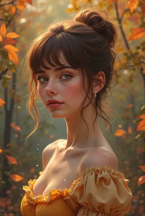 “French woman sweet fringe haircut?
chestnut brown hair some color in clothes, In the forest full body, deep autum dress colors. Perfect haircut for heartfaced"