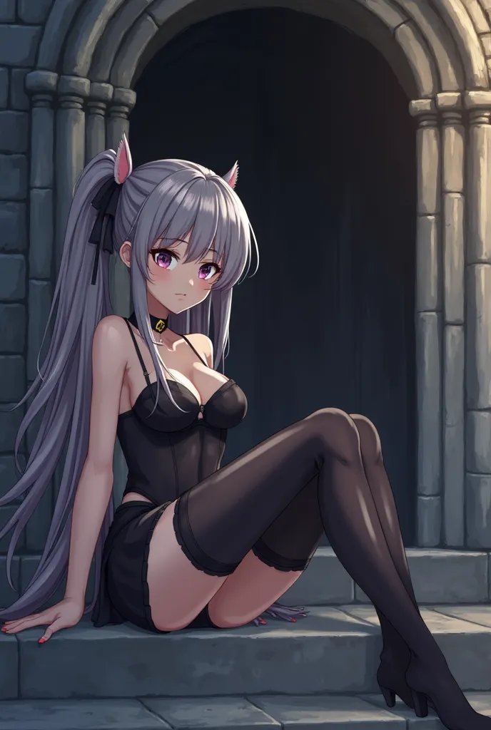  style: anime; character: Girl, height 155, slim body, medium-sized chest and expressive thighs; race:  human;  hair: ash-colored, with small black strands, collected in two tails on the sides; eyes: dark purple with gold-colored highlights;  Clothes: a sm...