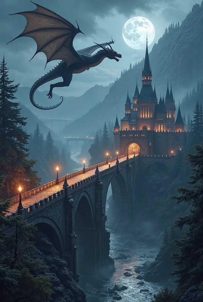 at night, real large medieval fantasy bridge illuminated by the fire of battlements, a river, big fantasy dragon, passage towards a huge castle high in the mountains in a forest, full moon, masterpiece, high quality, ultra-realistic, 8K, sharp focus