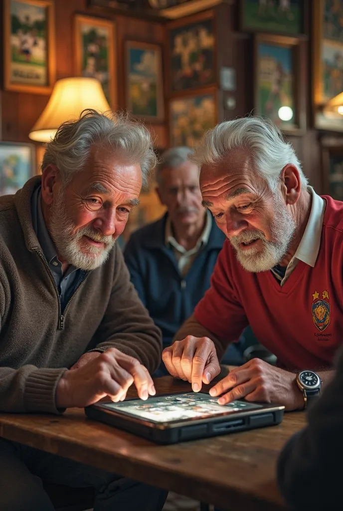 Old elderly rugby players play with tablets and POS