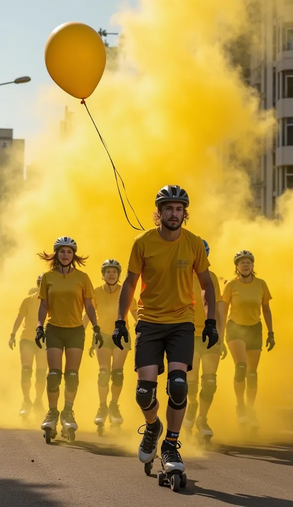 Grupo Mujeres y Hombres Massive 22 years old, on inline skates, wearing yellow t-shirts,  short black, hull, knee pads, Gloves, helium balloon in the hand, moving around the city in the afternoon, yellow smoke flare, yellow luminous wheels