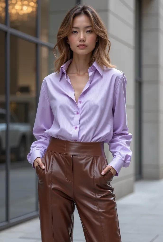 Pastel purple shirt and dark lead pants in brown leather