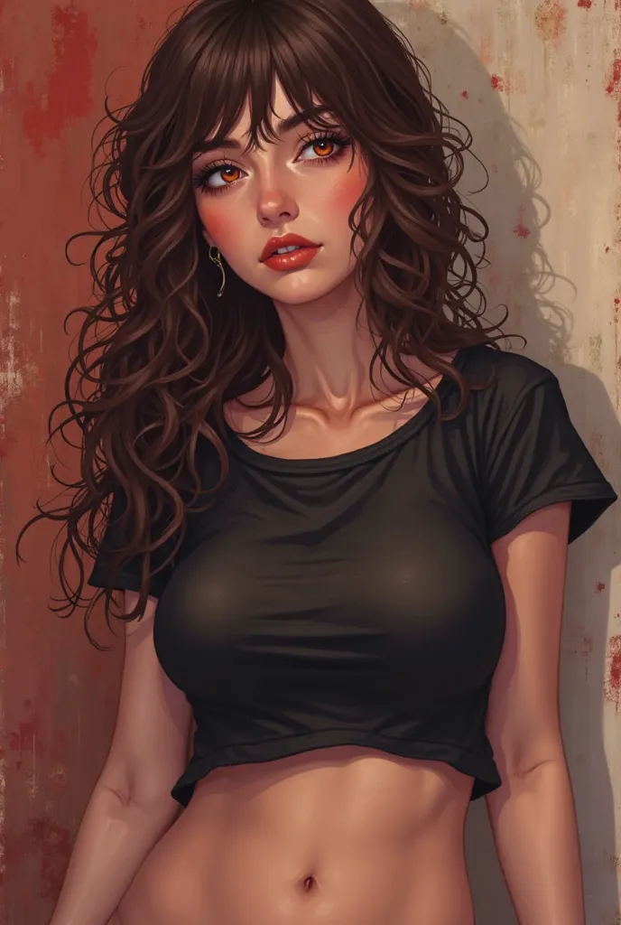 Généré moi une fille de manga de 25 ans ultra belle et ultra sexy avec des cheveux brun ondulées et longs, The iris of the red eyes with a black T-shirt where you can see the belly with breasts as big as a ball