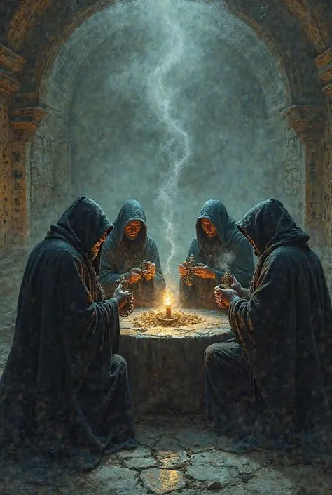 Create an art of 4 wizards smoking in a grainy aesthetic called dark fantasy