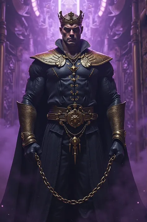 A powerful and arrogant figure, surrounded by a dark atmosphere with intense purple lighting, wearing a golden crown and holding a broken chain, futuristic style, dramatic shadows, hyper-realistic,  resolution 4k, cinematic composition
