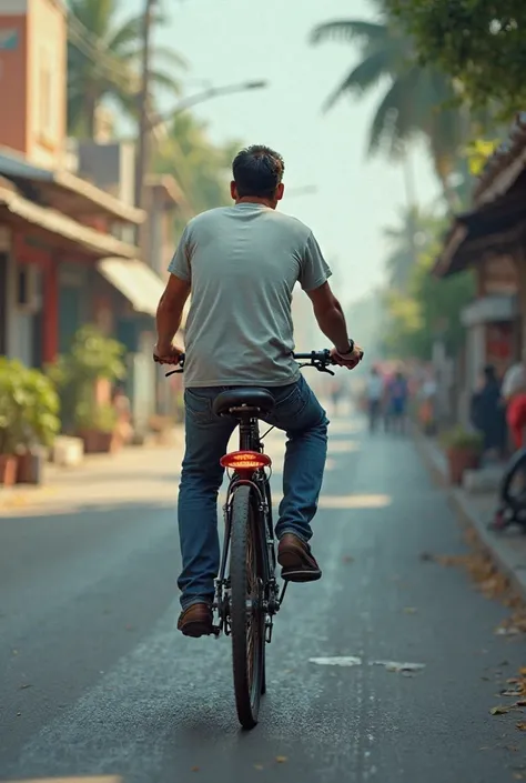 A man on a bicycle with his back 