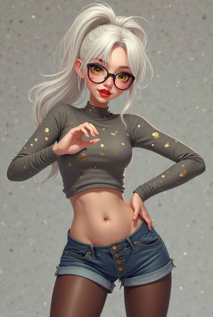 Create an image of a girl with a ponytail hairstyle her hair has to be white makeup she must wear gold heart lenses, lips painted red and a gray blouse that reaches her navel, the blouse has to be with golden spots on her arms and belly, she has to wear br...