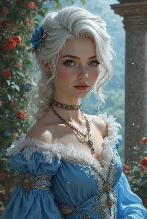 A fantasy aristocrat in her 20s with white hair, layered cut, blue eyes, and blue clothes