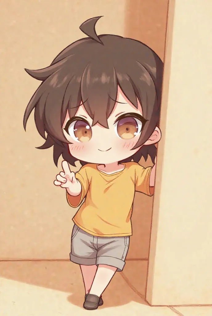 The chibi tomboy girl peeks from behind a corner with a playful, mischievous expression.
She has short, slightly messy hair and big, expressive eyes.
She wears a casual, slightly oversized T-shirt and loose-fitting shorts that match her tomboyish personali...