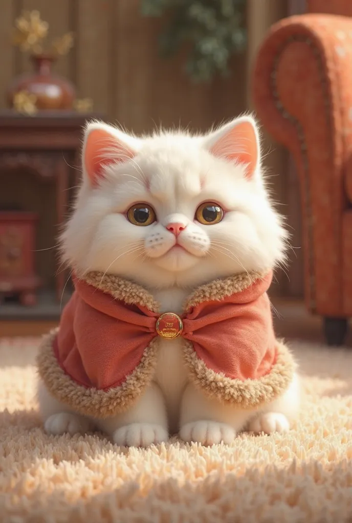 Cute chubby white cat wear furry jacket and red ribbon on her hairs sir on furry carpet in beautiful roon