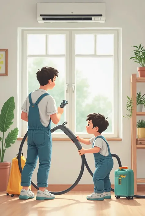 Very small characters work carefully to clean air conditioning using modern and environmentally friendly devices, showing an elegant and organized home environment, with a focus on the details of the professional tools used in washing.