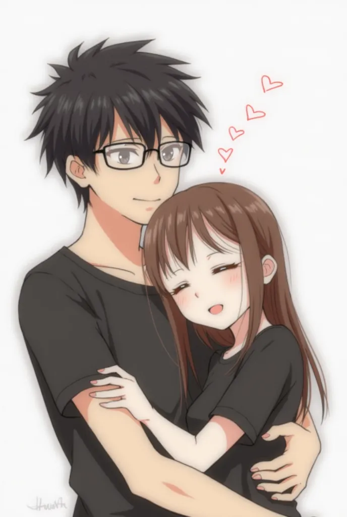 The image shows an anime couple hugging each other. The boy has a black hairstyle and wears glasses. The girl has brown hair and brown eyes. Both wear black t-shirts. The boy has one arm around the girl and he is hugging her. The girl has her head resting ...